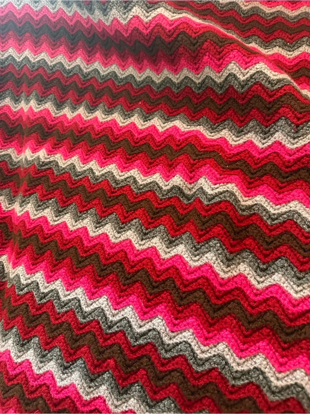 Chevron Knit Afghan Throw Blanket —Pink, Greys, Burgundy, & Brown